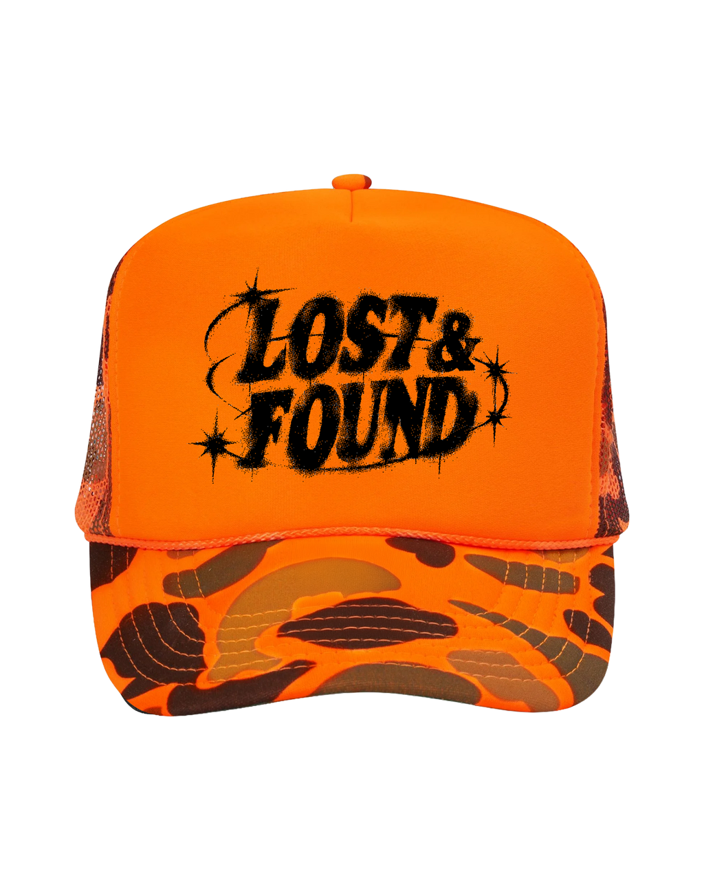 Lost & Found Orange Camo Trucker