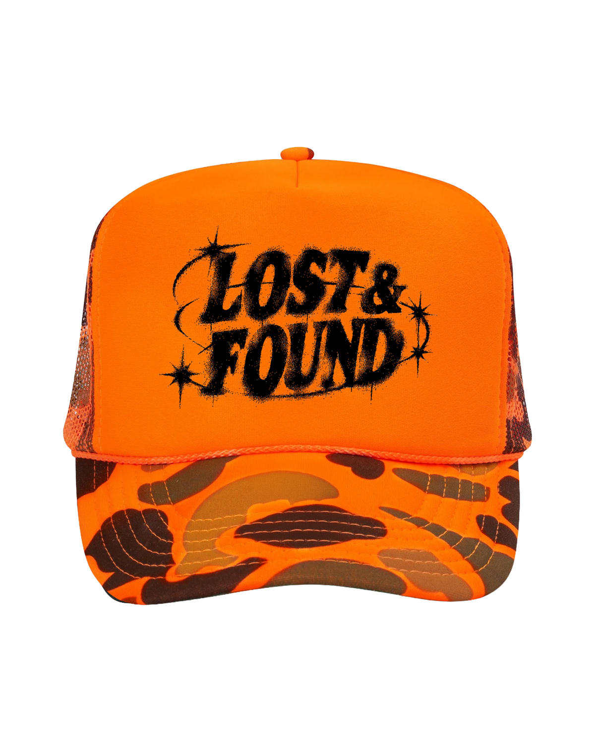 Lost & Found Orange Camo Trucker