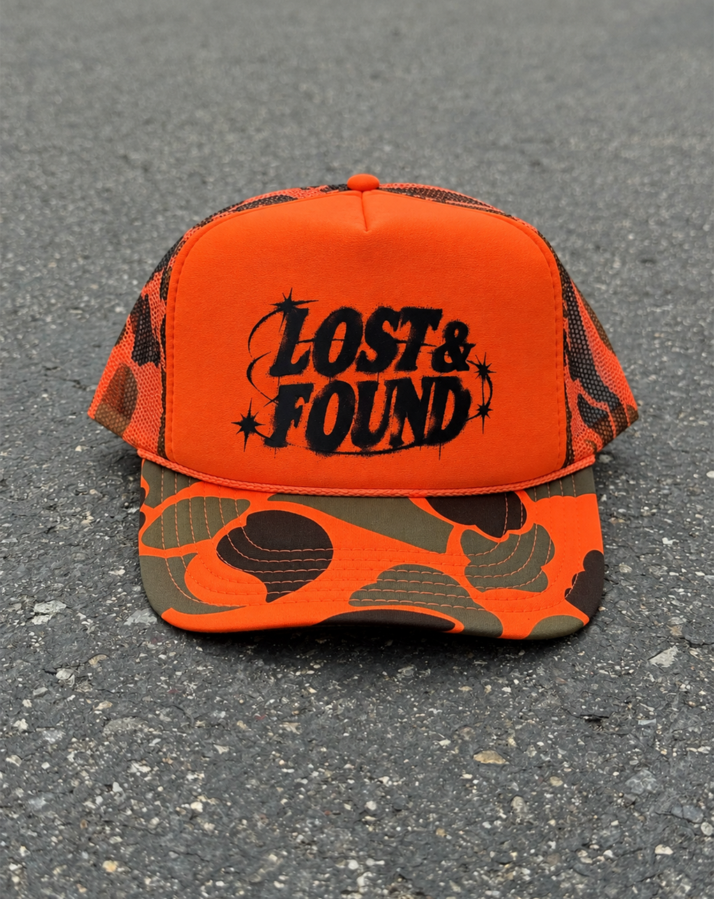 Lost & Found Orange Camo Trucker